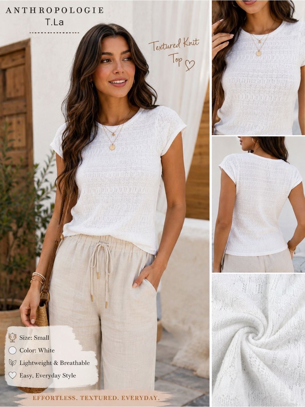 Anthropologie T.La White Textured Knit Short Sleeve Top Size S